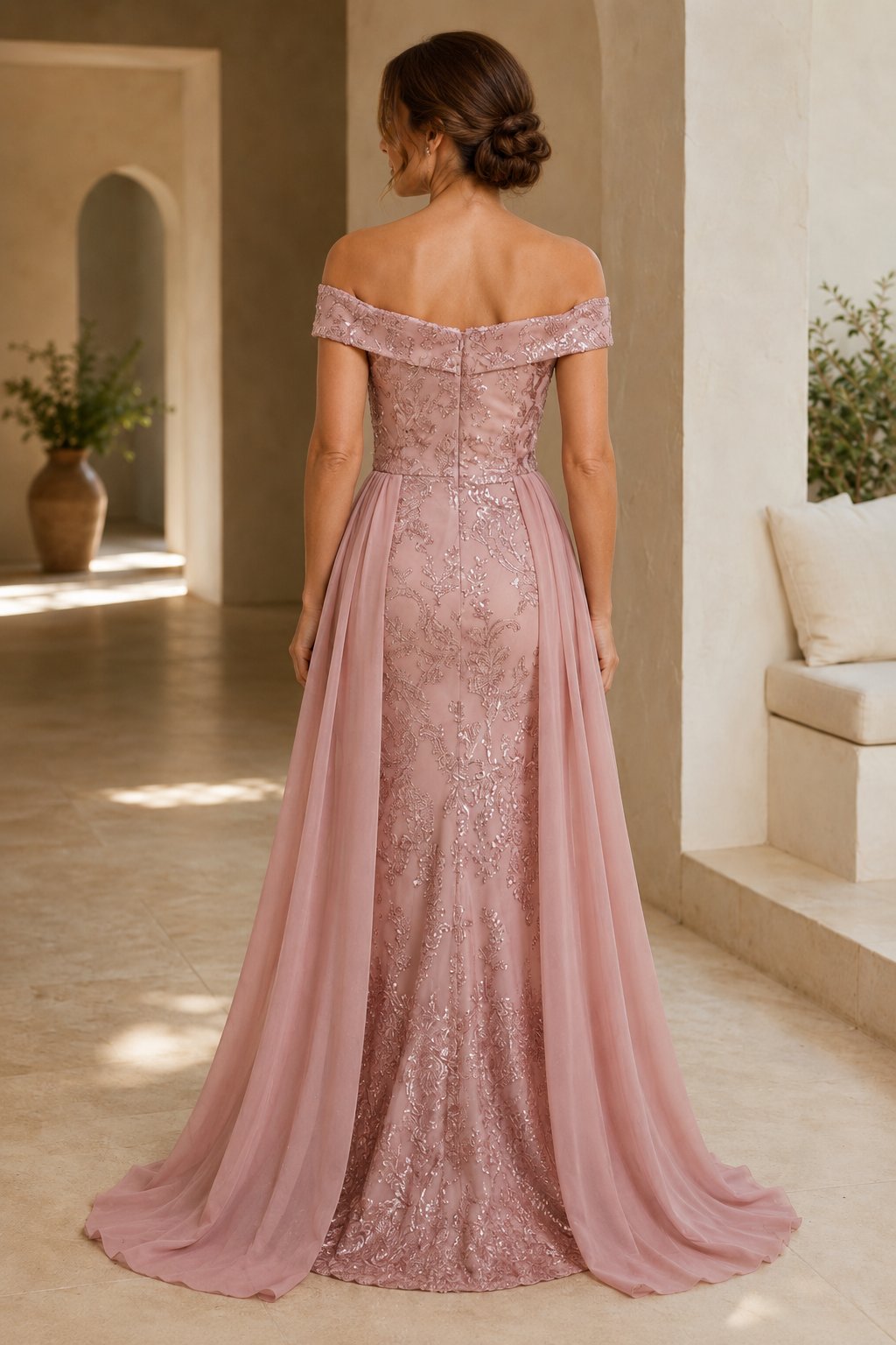 Off-the-Shoulder Lace Mermaid Gown with Overskirt