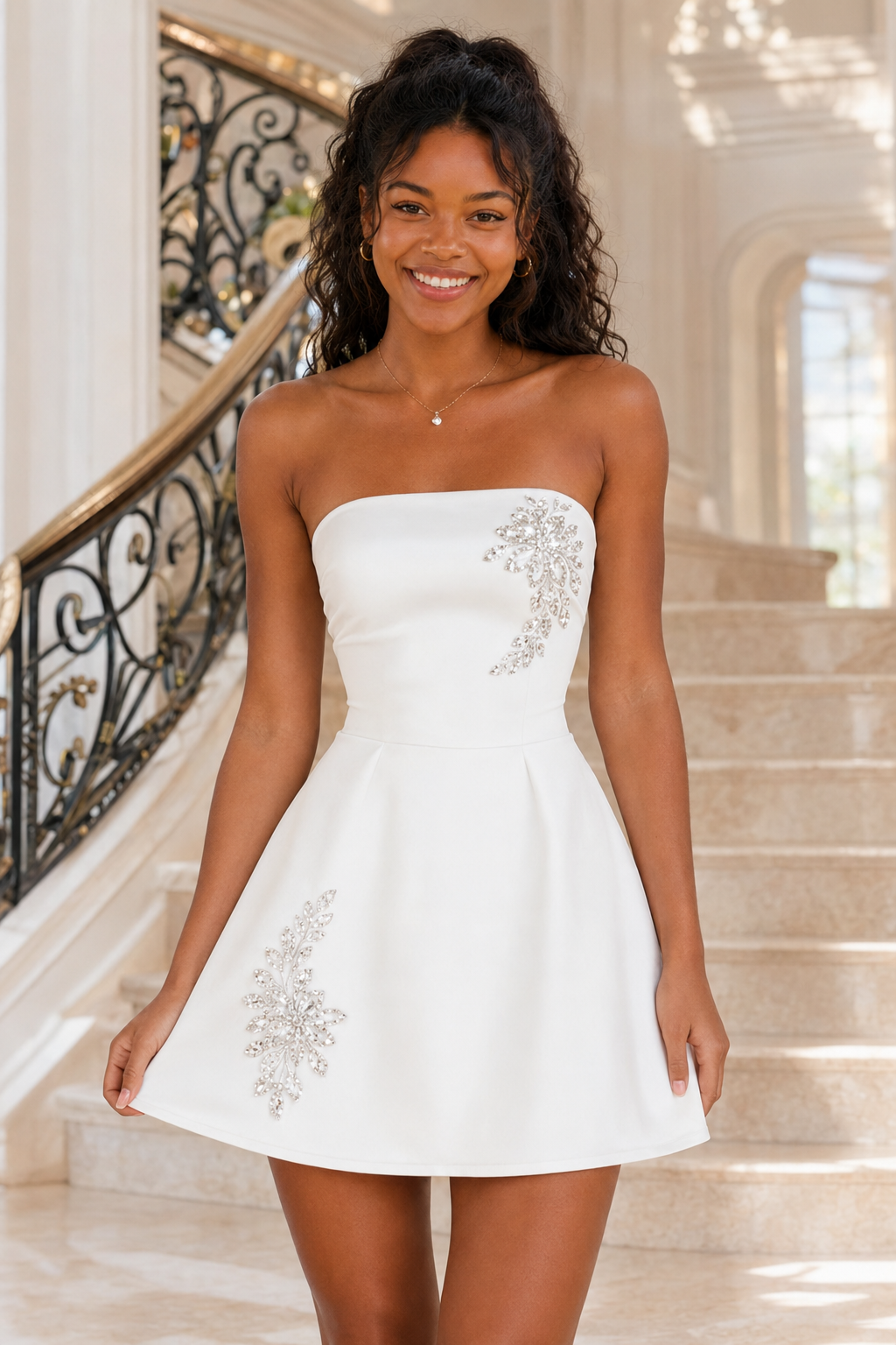 Strapless Crystal Embellished A-Line Mini Dress