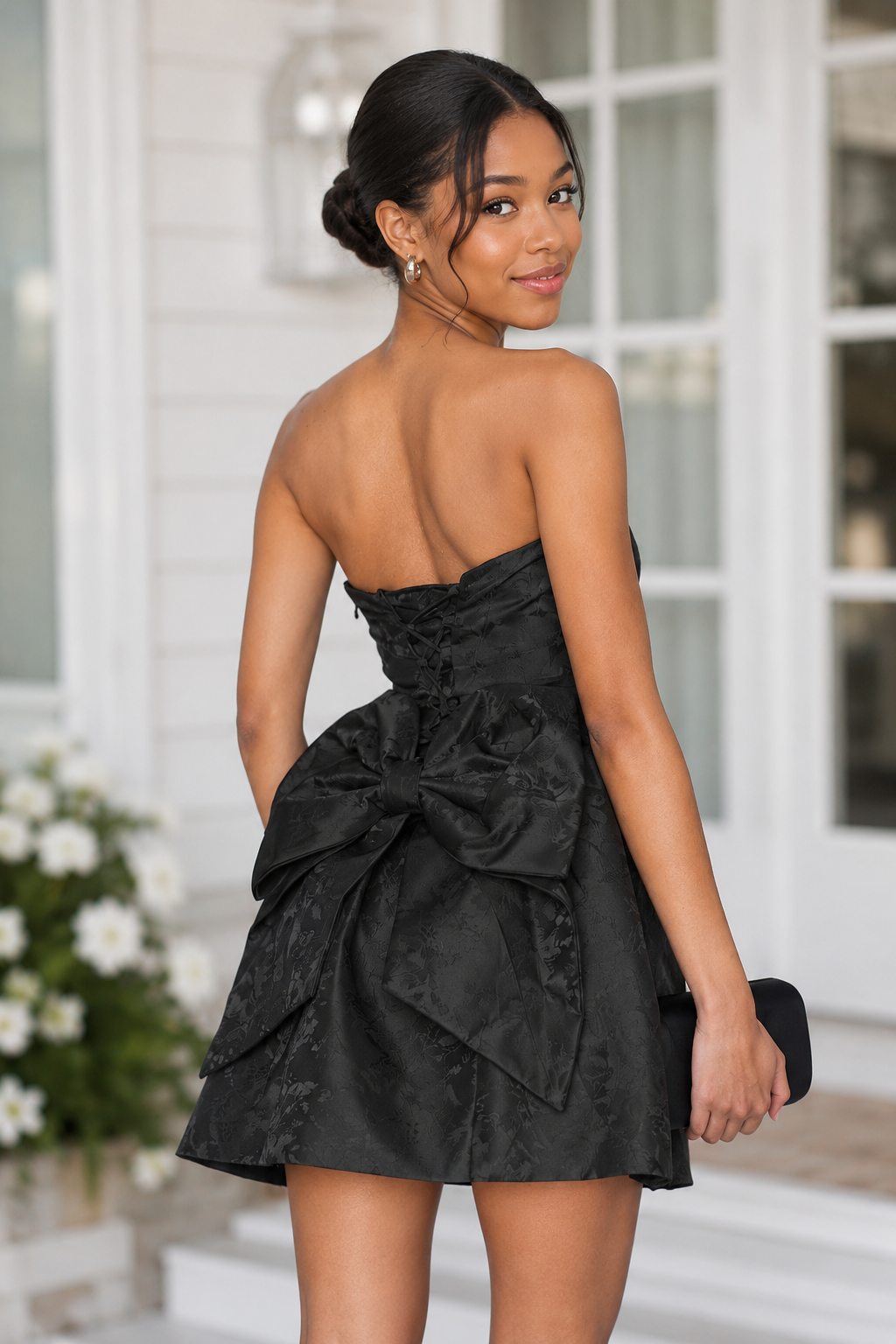 Strapless Jacquard Mini Dress with Back Bow