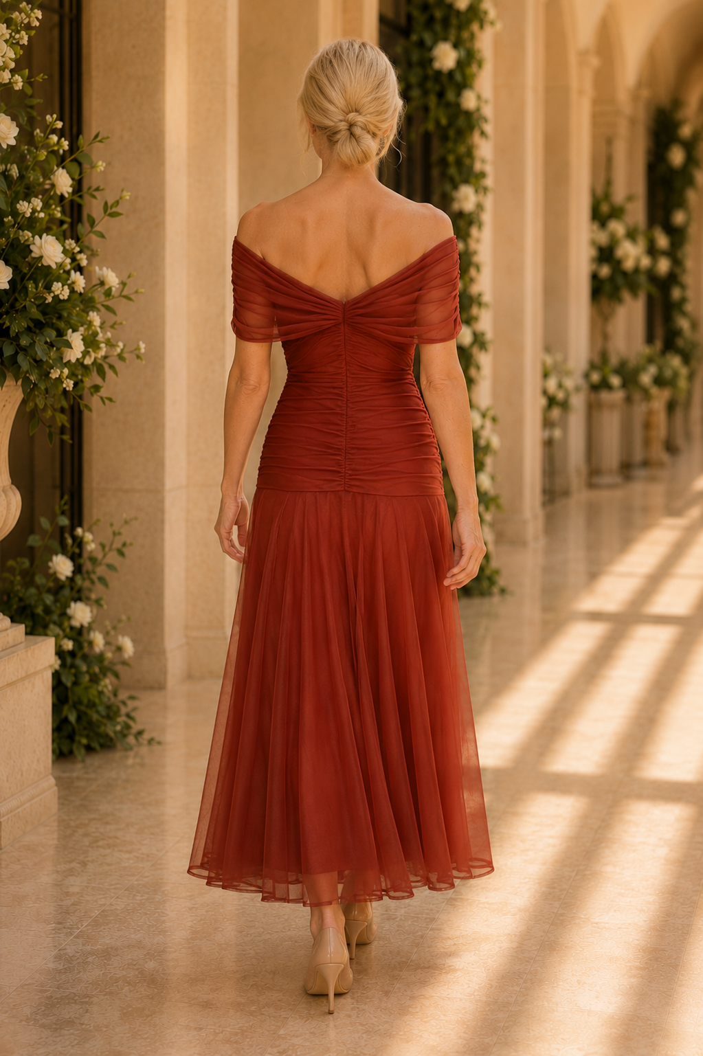 Off-the-Shoulder Ruched Tea-Length Dress