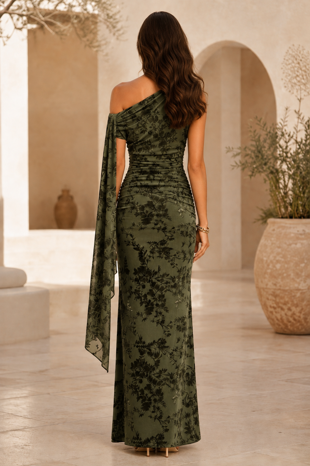 One-Shoulder Ruched Maxi Dress with Shoulder Drape