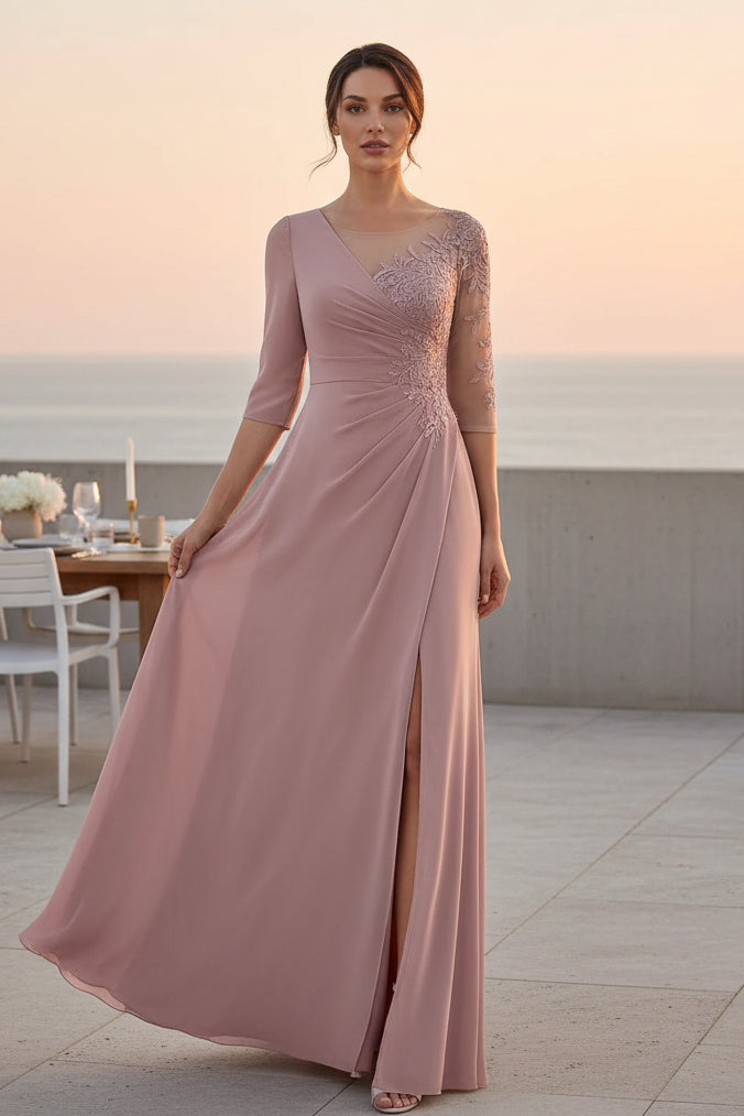 Asymmetrical Illusion Lace Chiffon Evening Gown