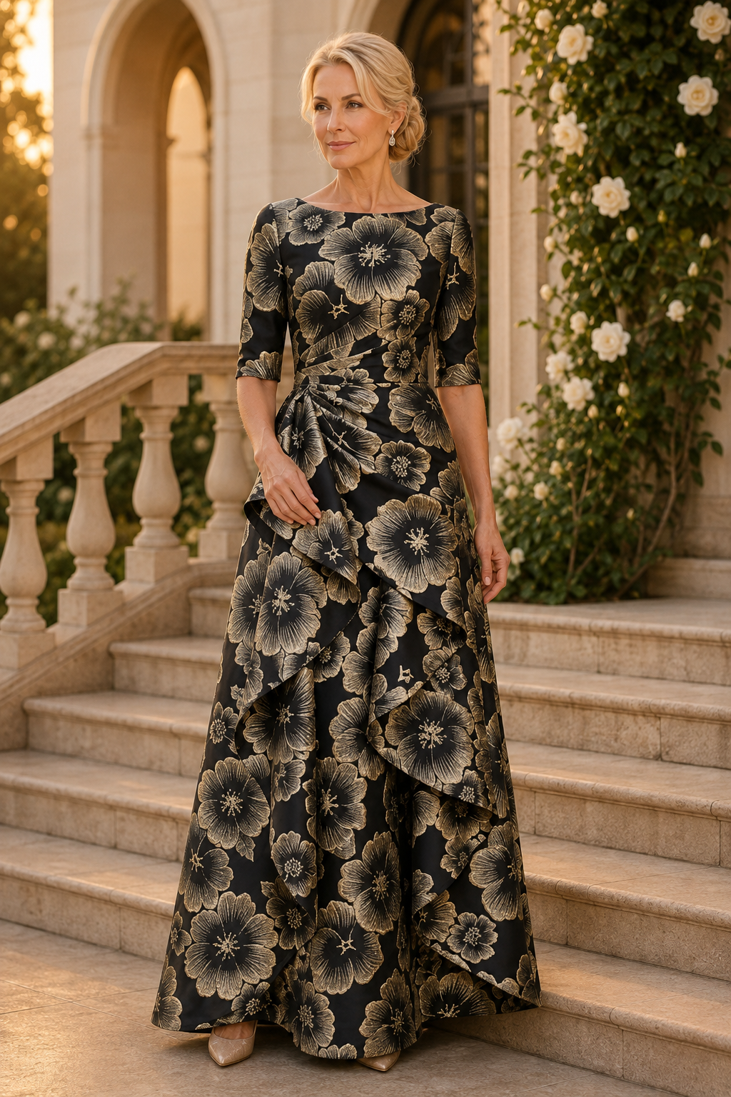 Jacquard Floral A-Line Gown with Cascading Ruffle
