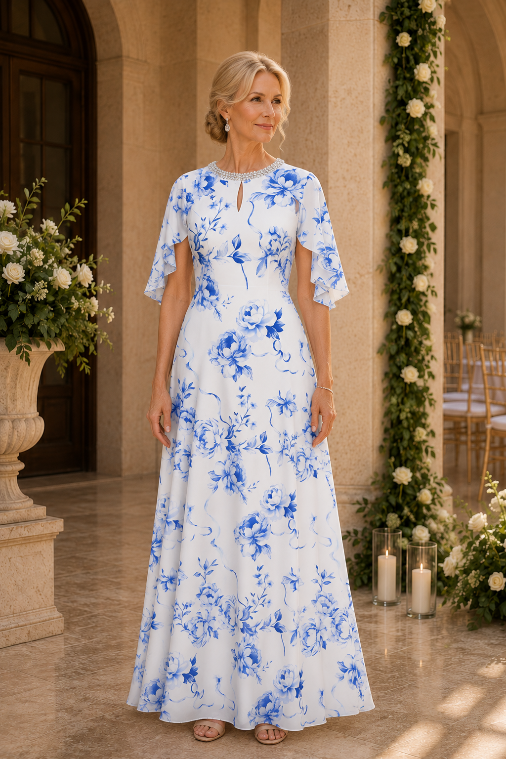 Floral A-Line Gown with Flutter Sleeves & Beaded Neck