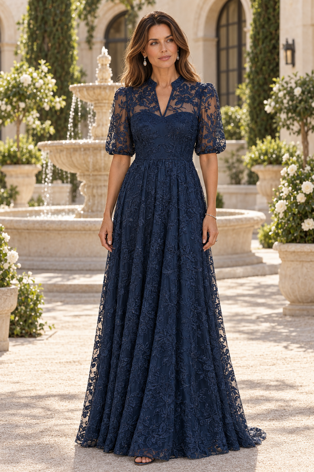 Floral Lace A-Line Gown with Elbow Sleeves