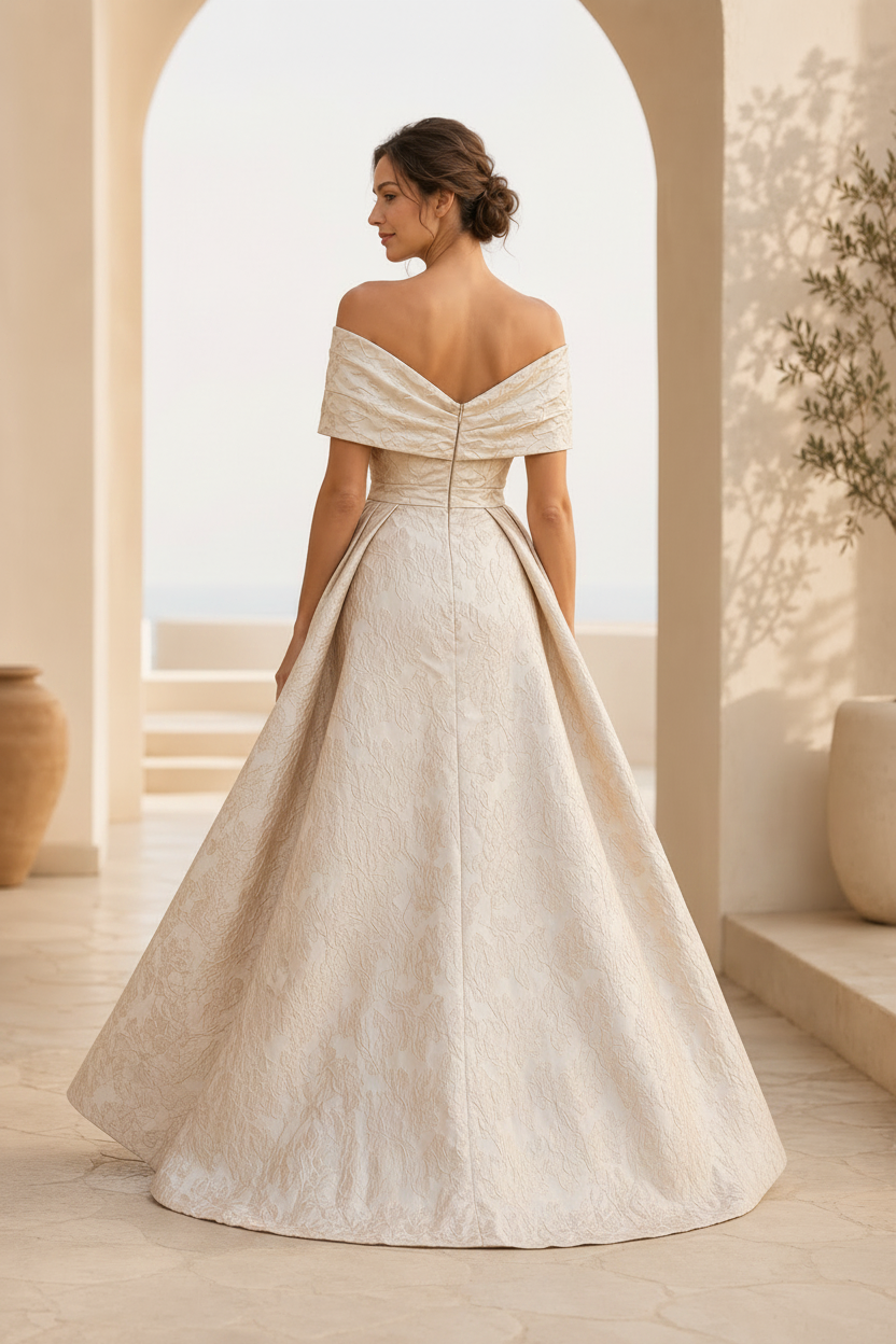 Off-the-Shoulder Jacquard A-Line Gown with Pleated Bodice