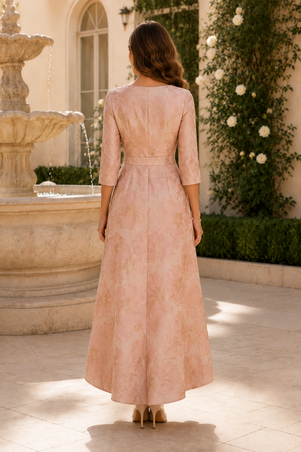 Floral Jacquard High-Low Dress with Waist Bow