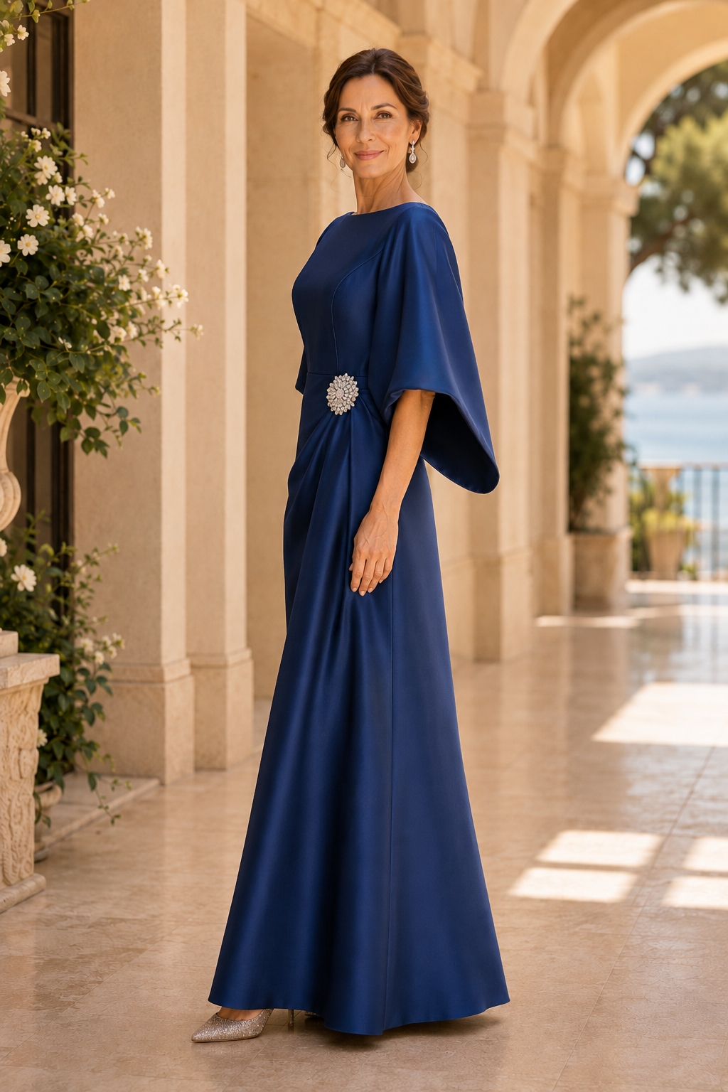 Satin A-Line Evening Gown with Bell Sleeves