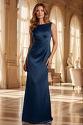 Cowl Back Satin Evening Gown with Ruched Bodice