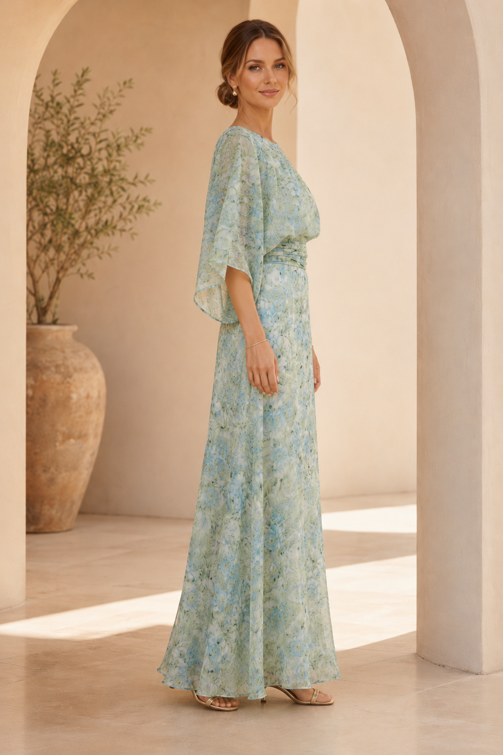 Floral Chiffon A-Line Gown with Flutter Sleeves