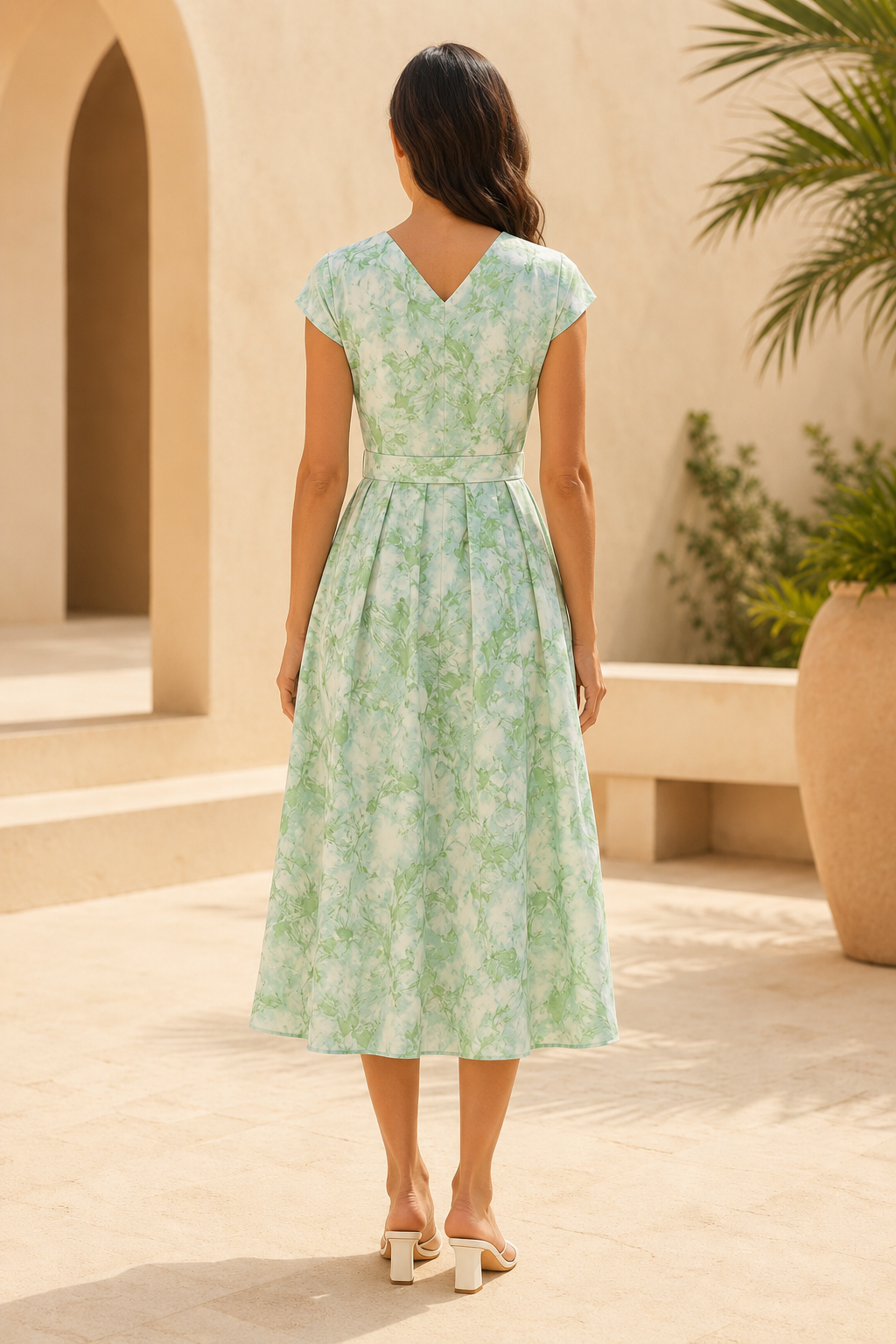 V-Neck Cap Sleeve A-Line Midi Dress with Belt