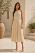 Pleated Halter Neck Smocked Waist Midi Dress