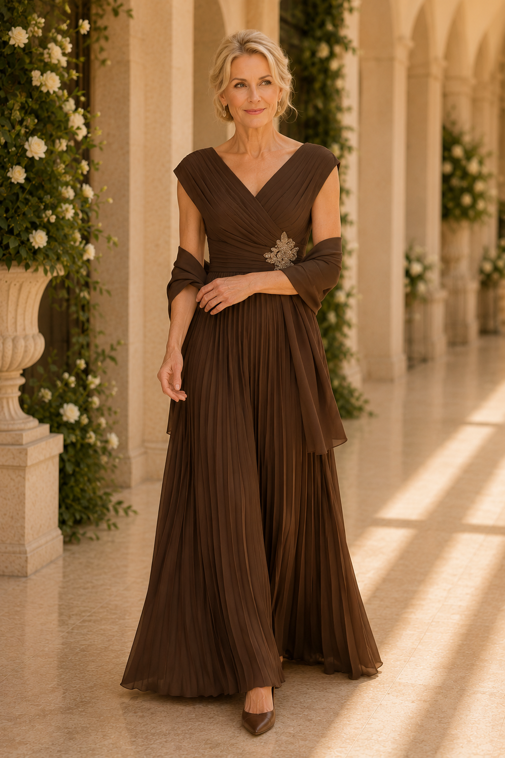 Pleated V-Neck Maxi Dress with Matching Shawl