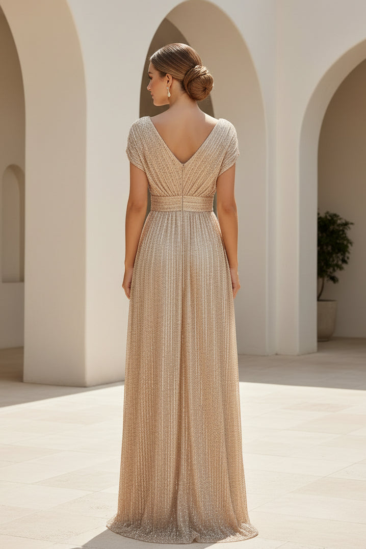 Sequin V-Neck Cap Sleeve A-Line Evening Gown
