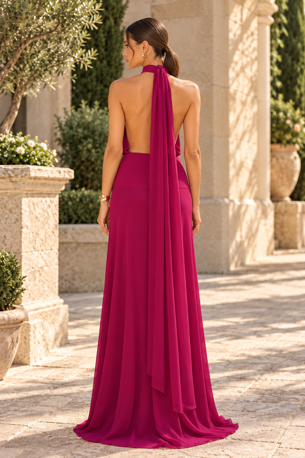 Halter Neck Backless Maxi Dress with Scarf Cape