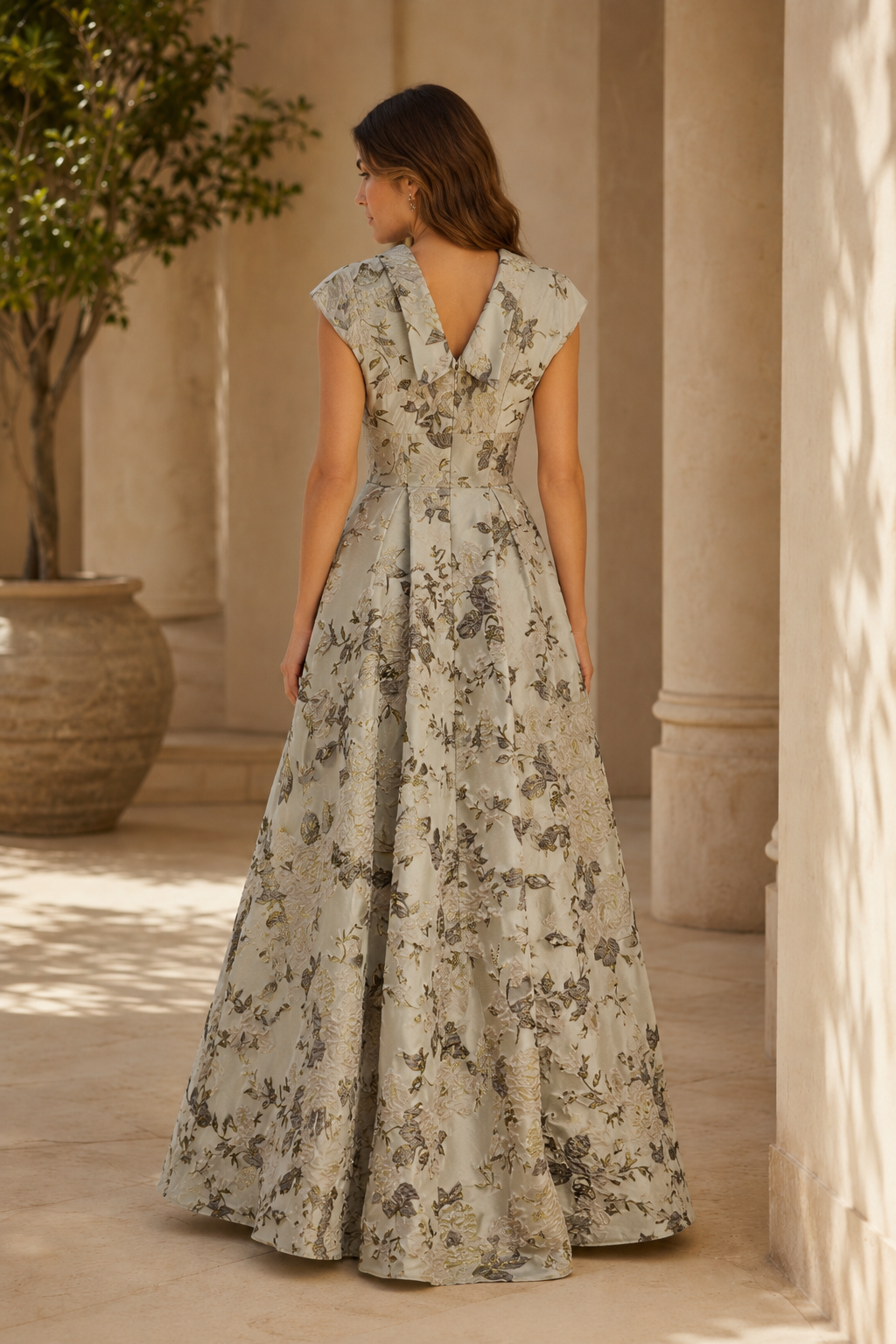 Floral Jacquard A-Line Evening Gown with V-Back