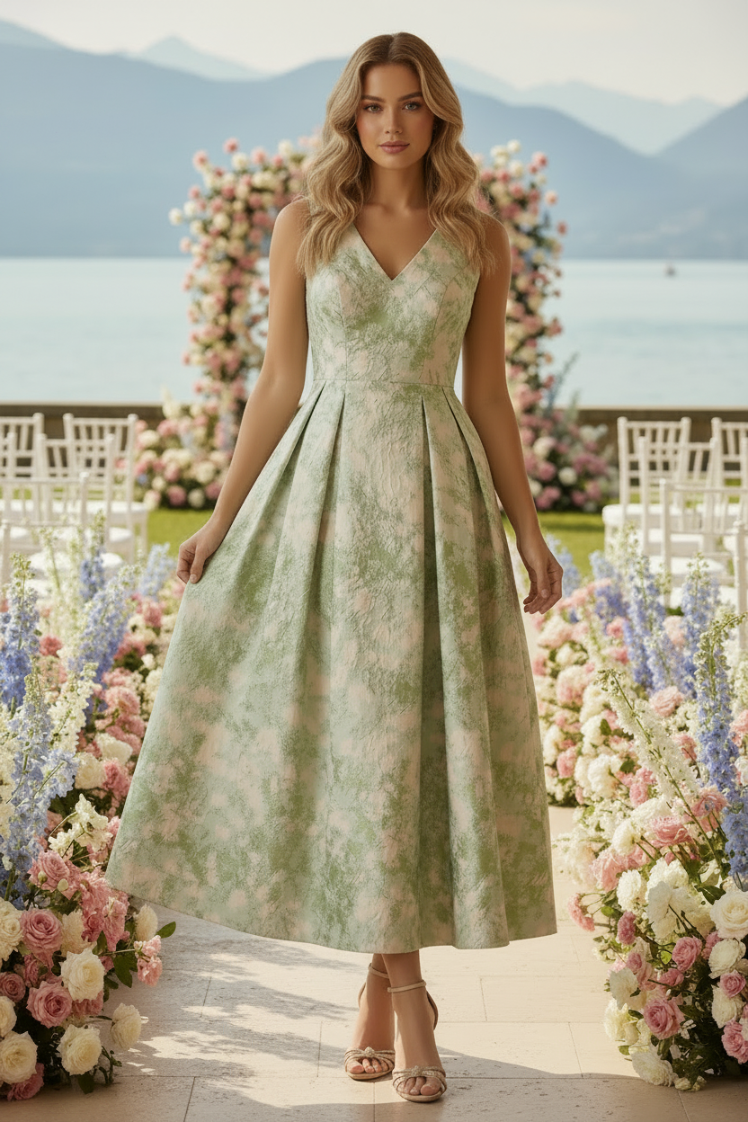 Floral Jacquard V-Neck Midi Dress