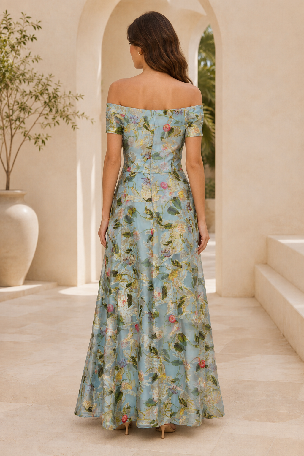 Off-the-Shoulder Floral Print A-Line Maxi Dress