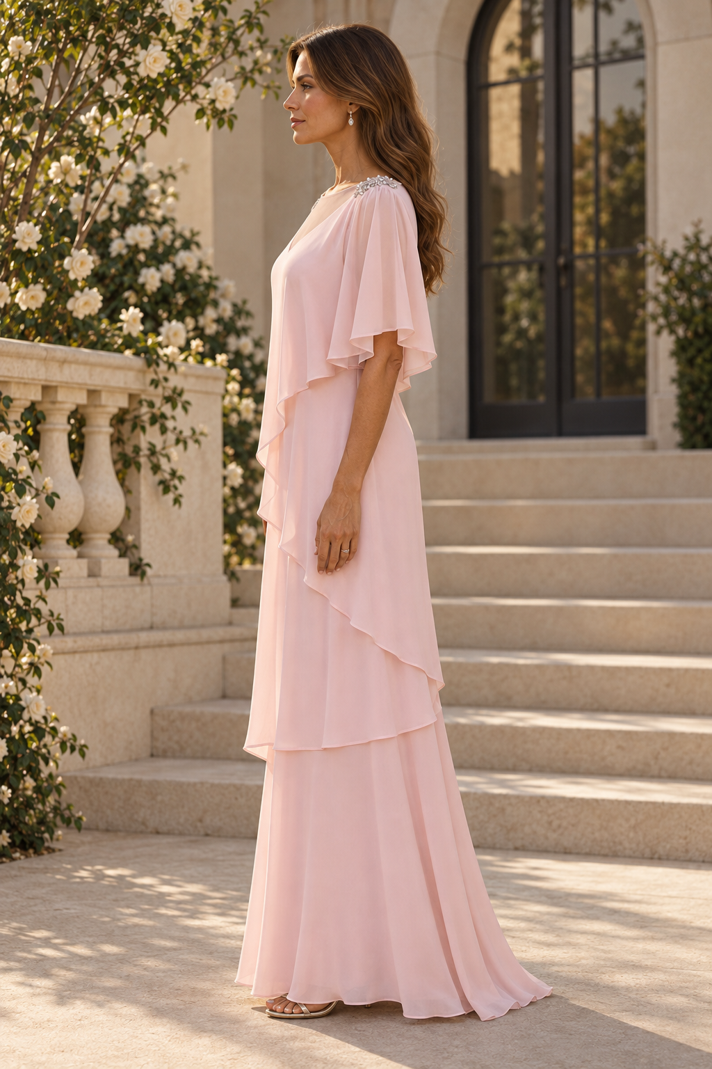 Tiered Chiffon Maxi Dress with Flutter Sleeves