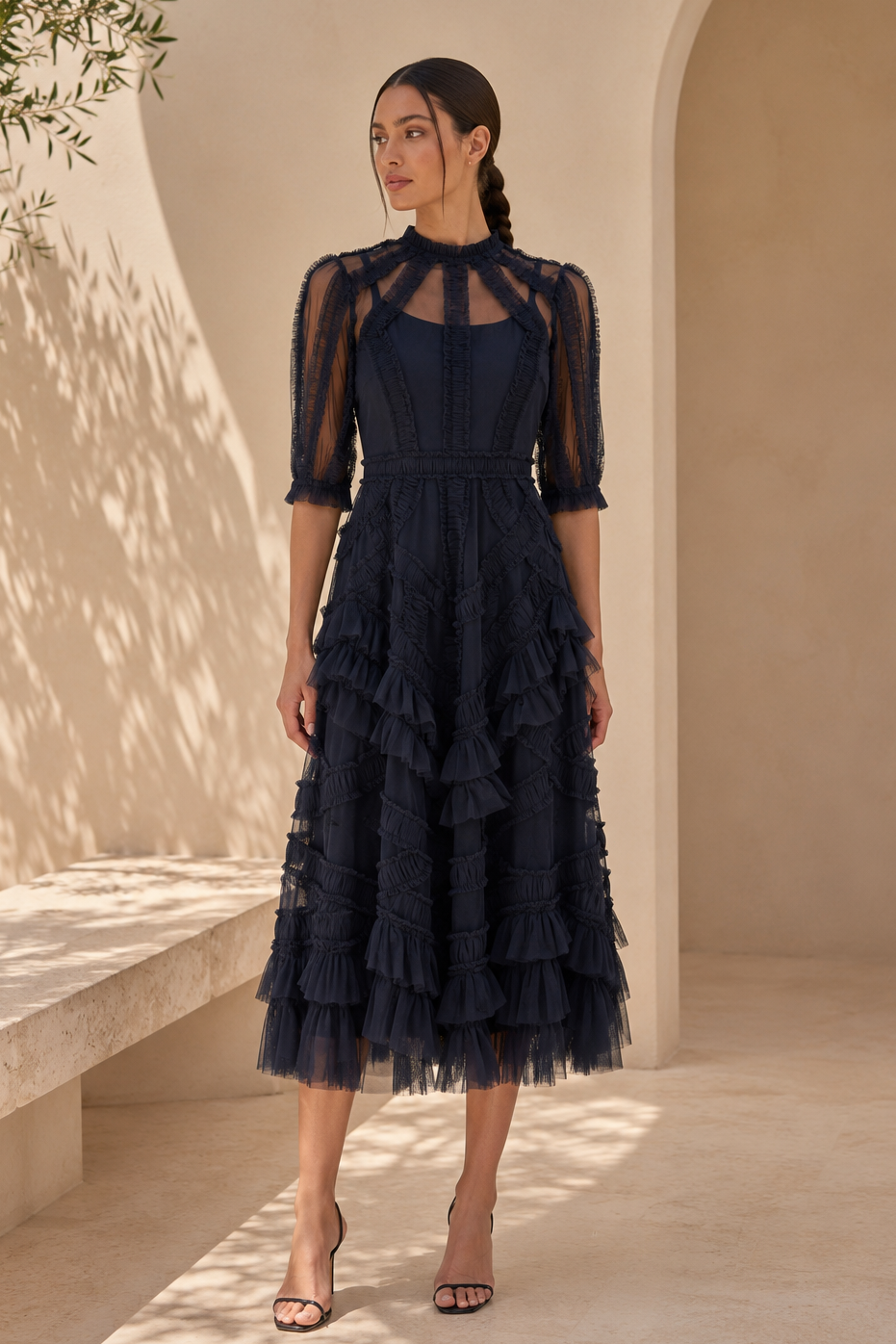 Illusion Neck Tiered Ruffle Tulle Midi Dress