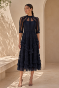 Illusion Neck Tiered Ruffle Tulle Midi Dress