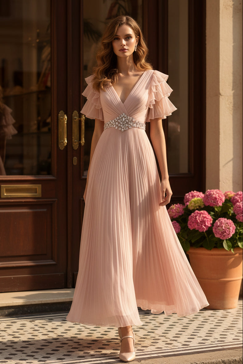 Ruffle Sleeve Pleated A-Line Formal Dress