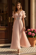 Ruffle Sleeve Pleated A-Line Formal Dress