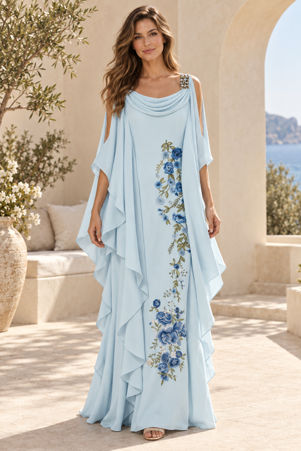 Embroidered Floral Kaftan Gown with Ruffle Sleeves
