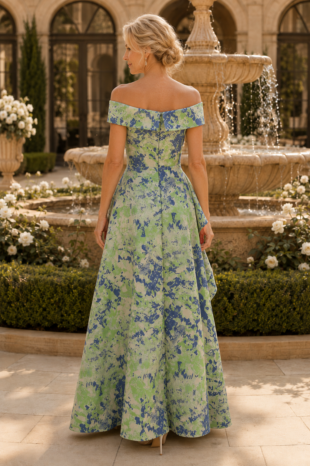 Off-the-Shoulder Pleated Tiered A-Line Gown