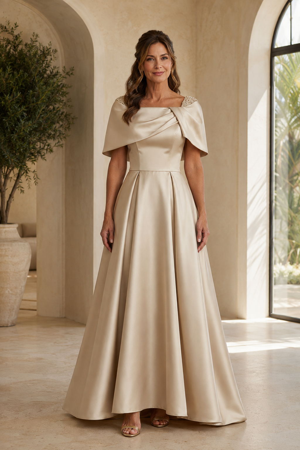 Satin A-Line Gown with Beaded Capelet
