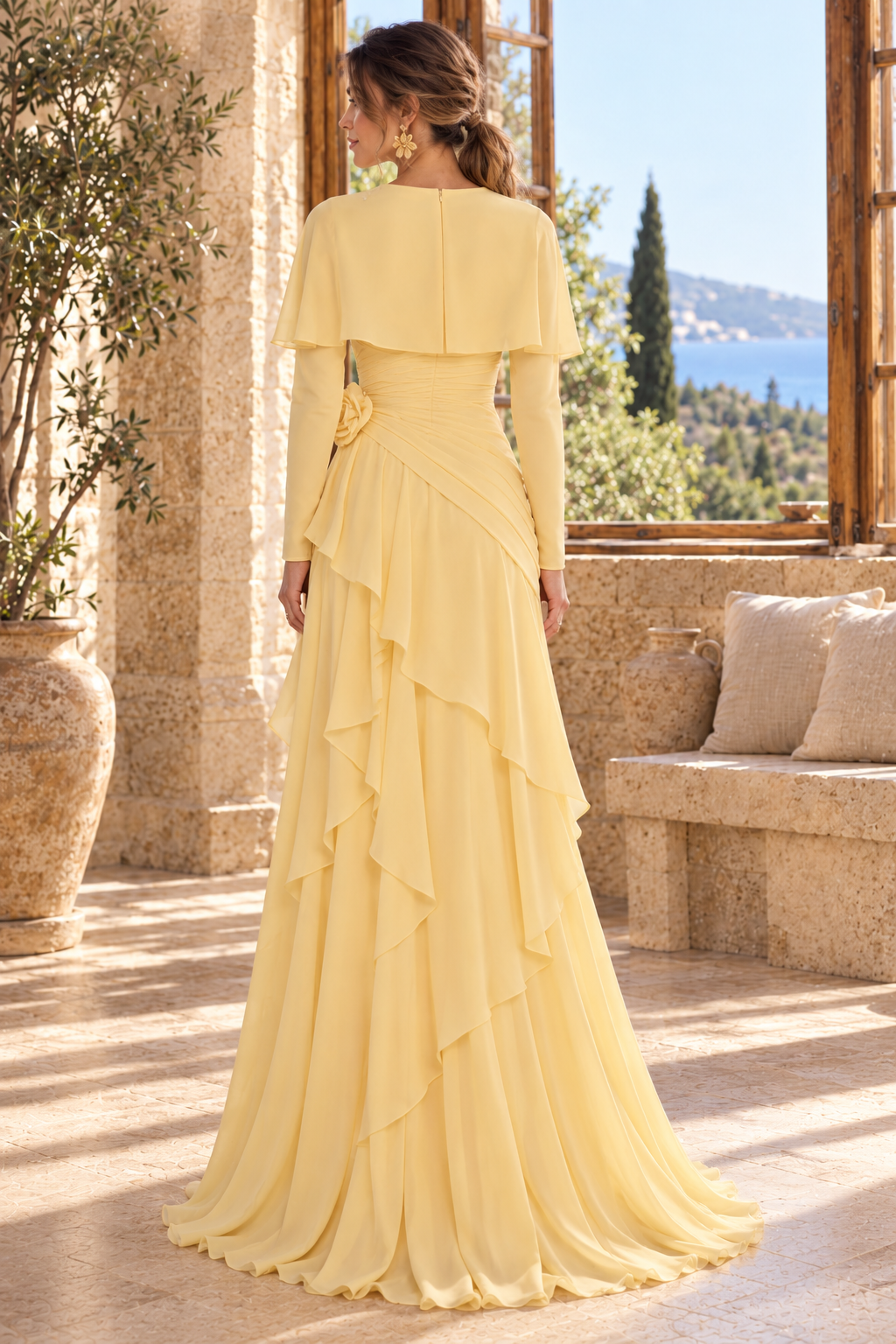 Tiered Long Sleeve Capelet Gown with Floral Accent