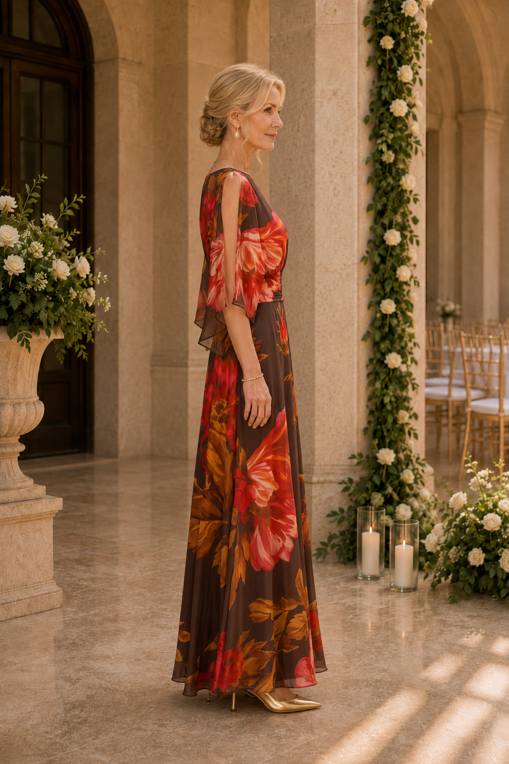 Floral Print Cold Shoulder A-Line Maxi Dress