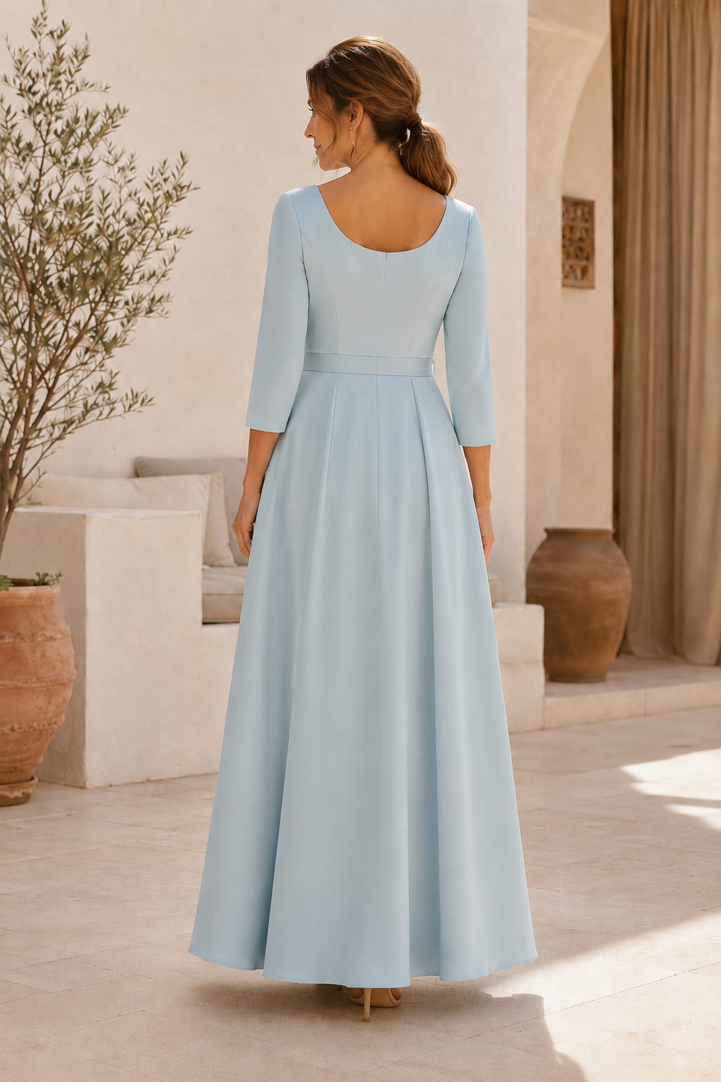 3/4 Sleeve Scoop Neck Gown with Floral Embroidered Skirt