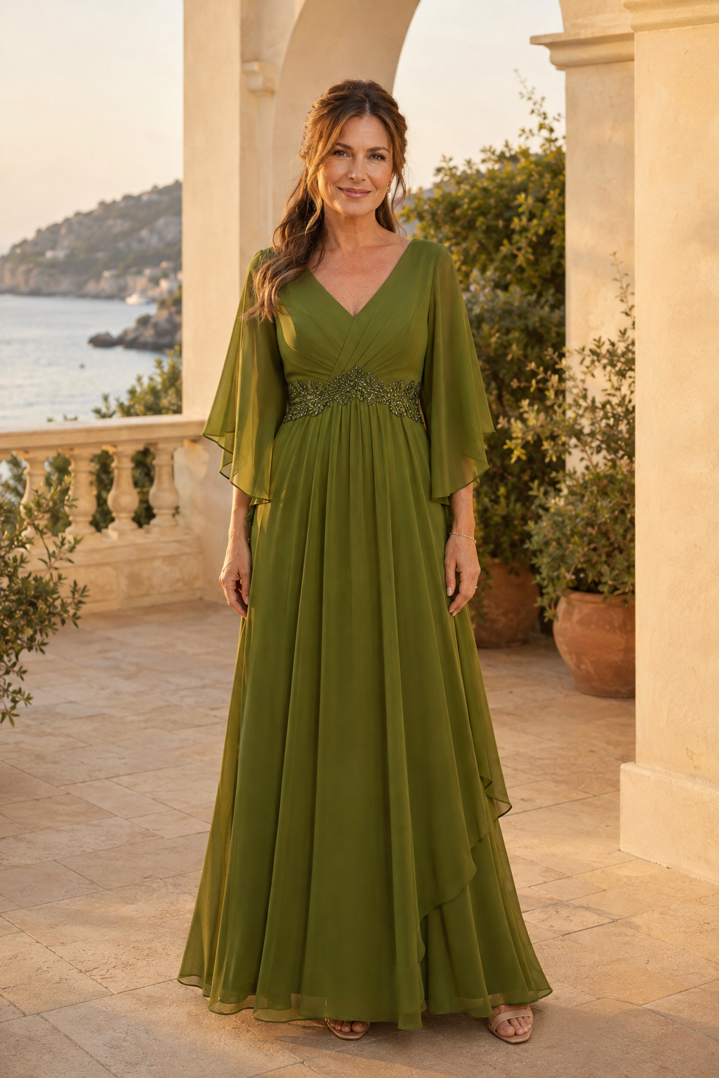 Flutter Sleeve V-Neck A-Line Gown with Beaded Waist