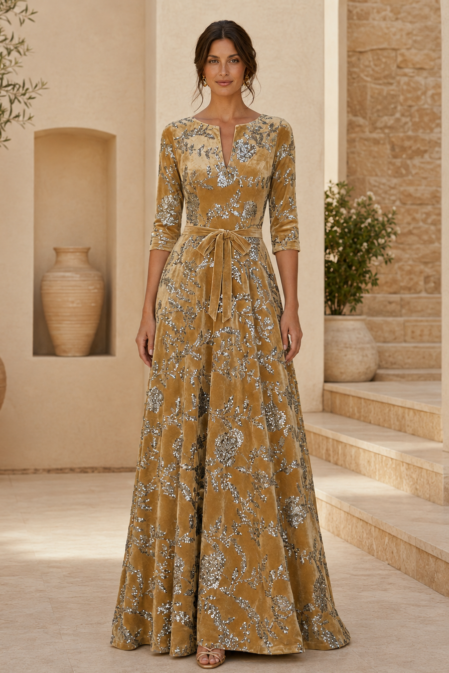 Floral Sequin Velvet A-Line Evening Gown