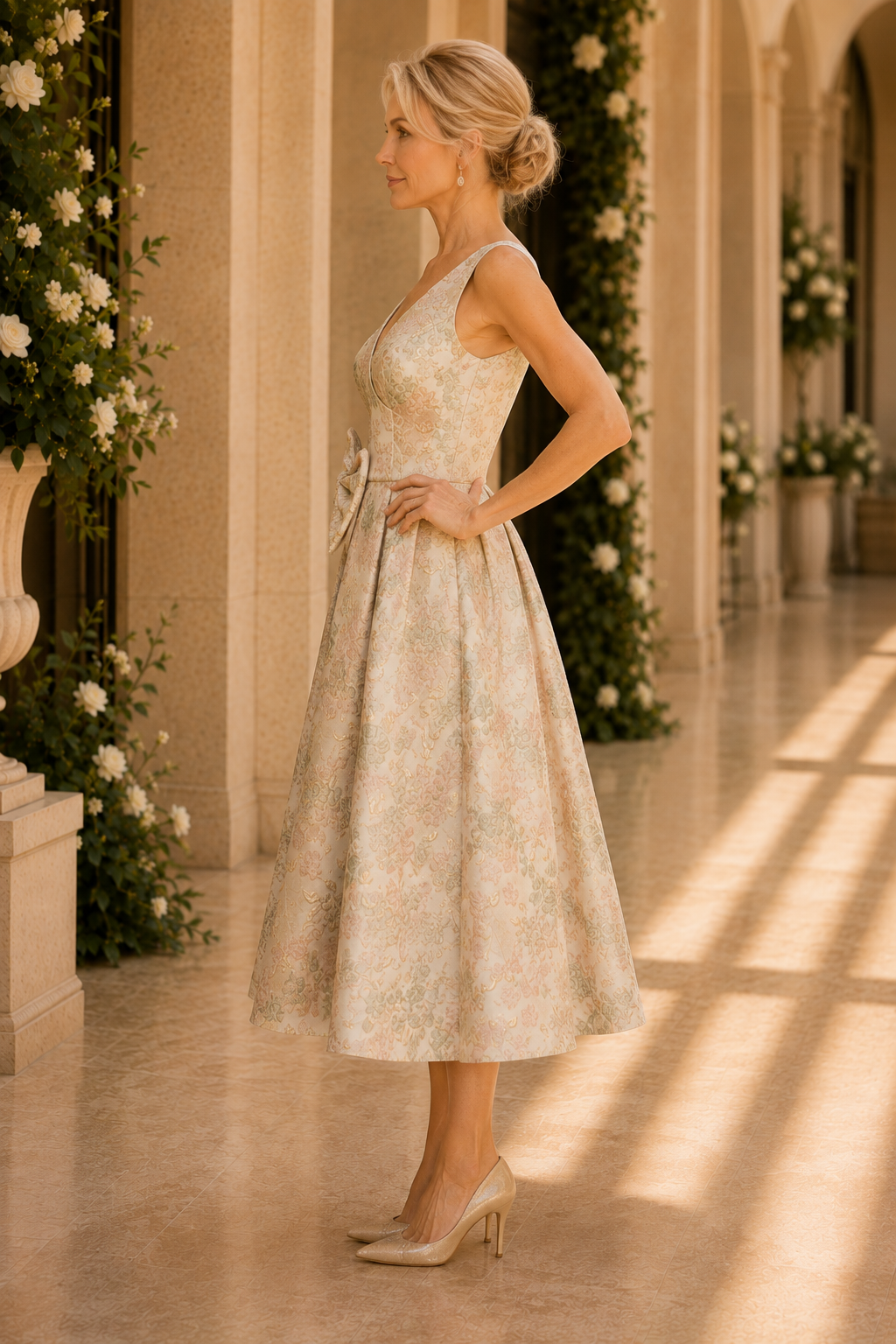 Floral Jacquard V-Neck Tea-Length Dress with Bow