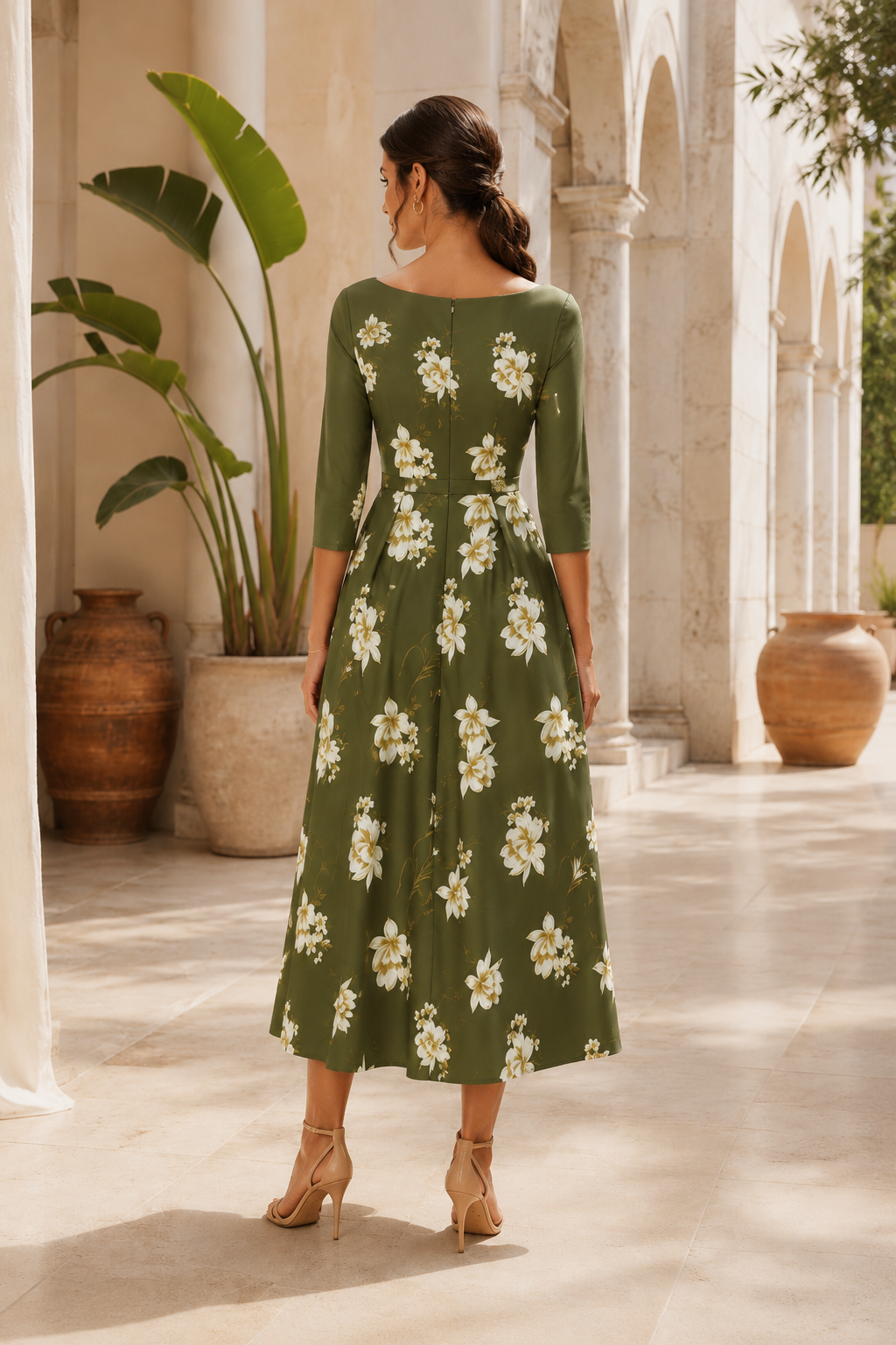 Floral Print Bateau Neck A-Line Midi Dress