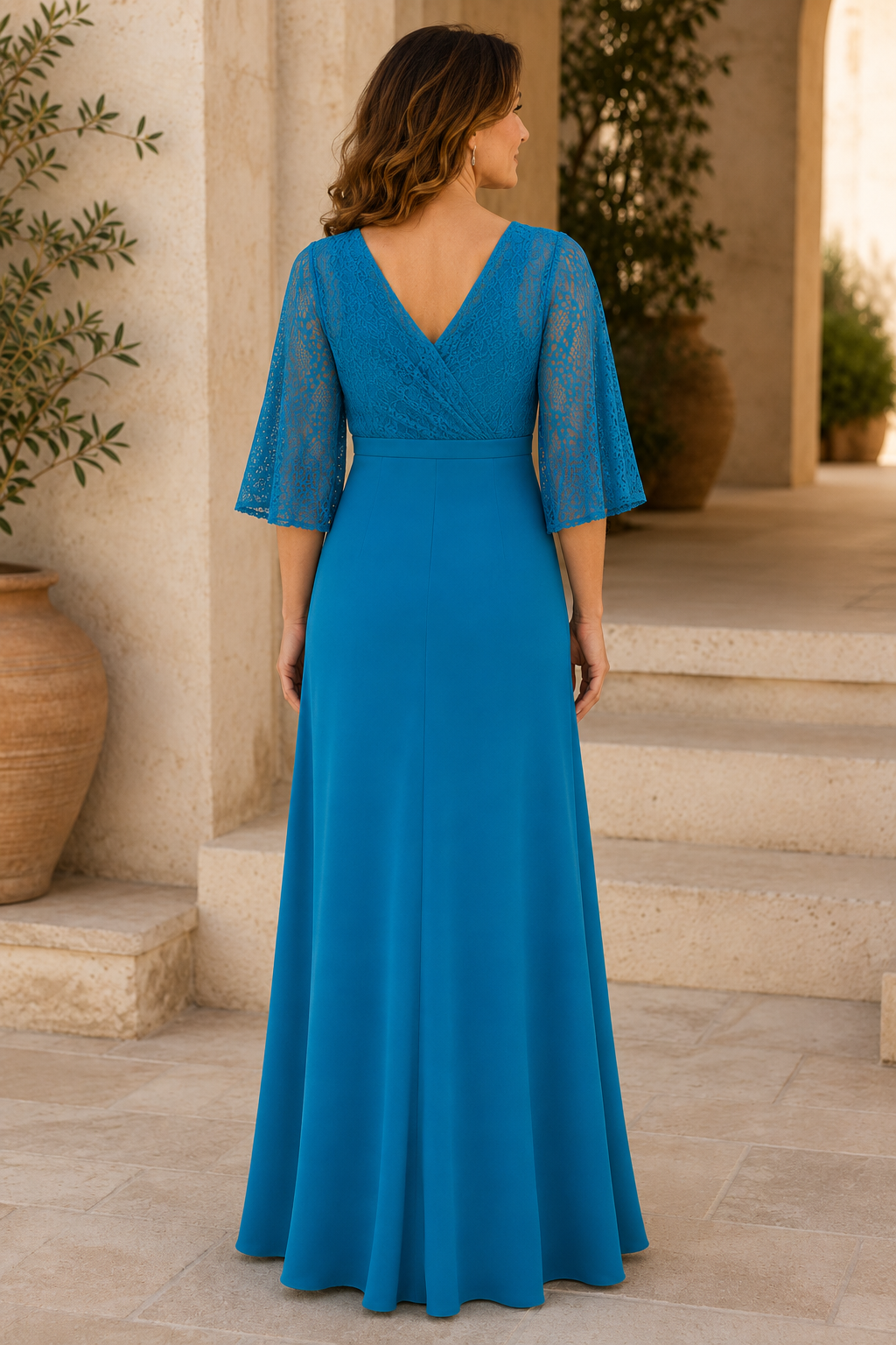 A-Line Lace Bodice Evening Gown with Bell Sleeves