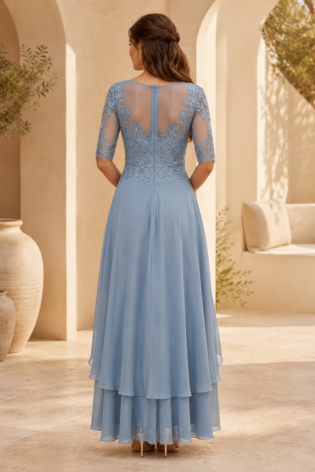 Illusion Lace Bodice High-Low Chiffon Evening Gown