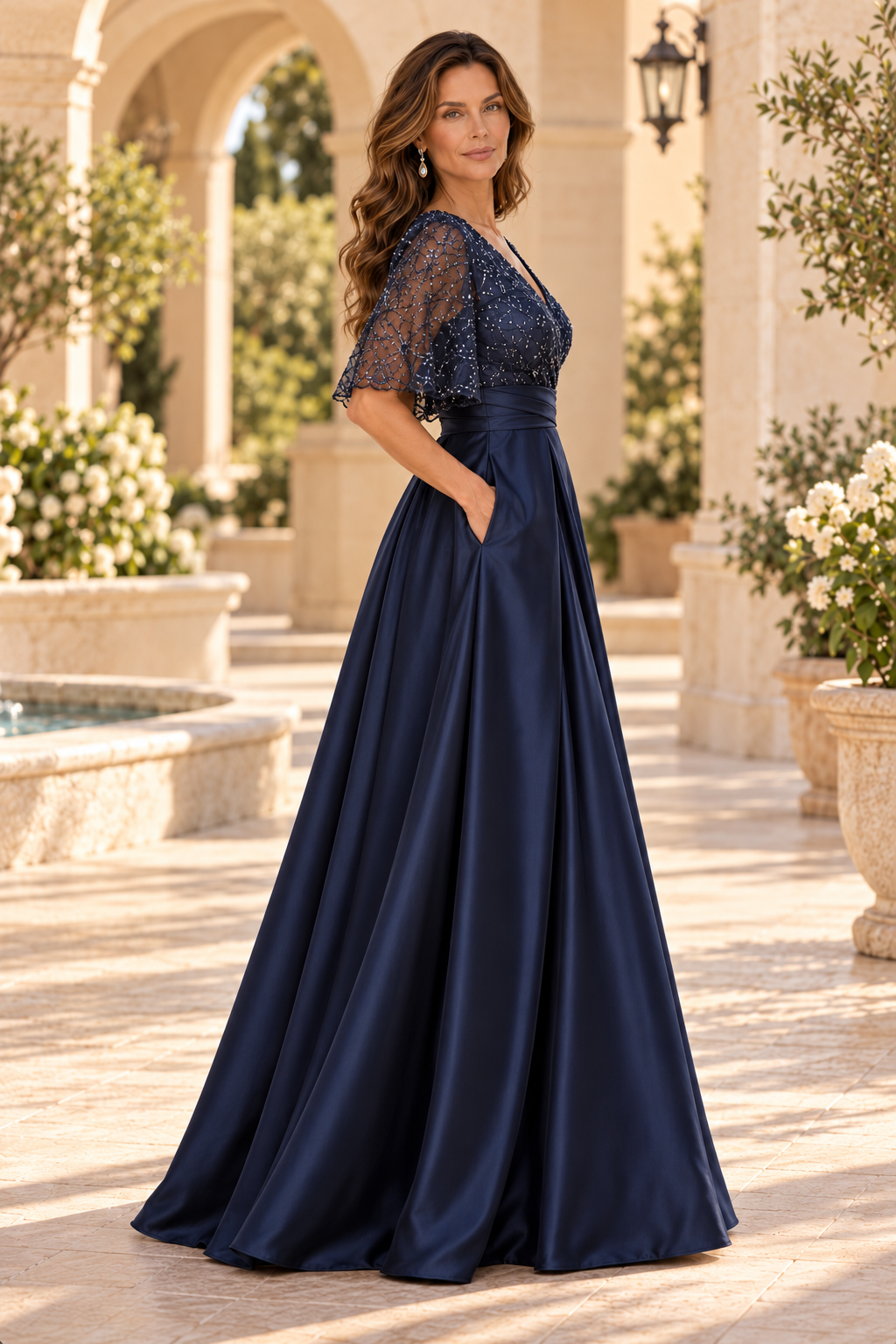 Flutter Sleeve Embellished A-Line Evening Gown