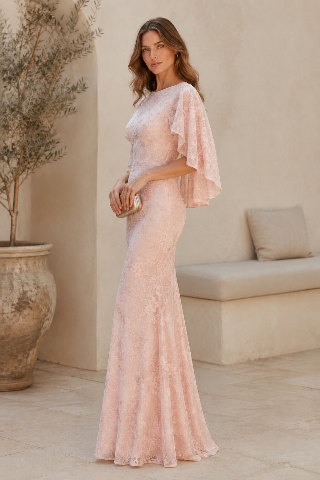 Floral Lace Gown with Flutter Cape Sleeves
