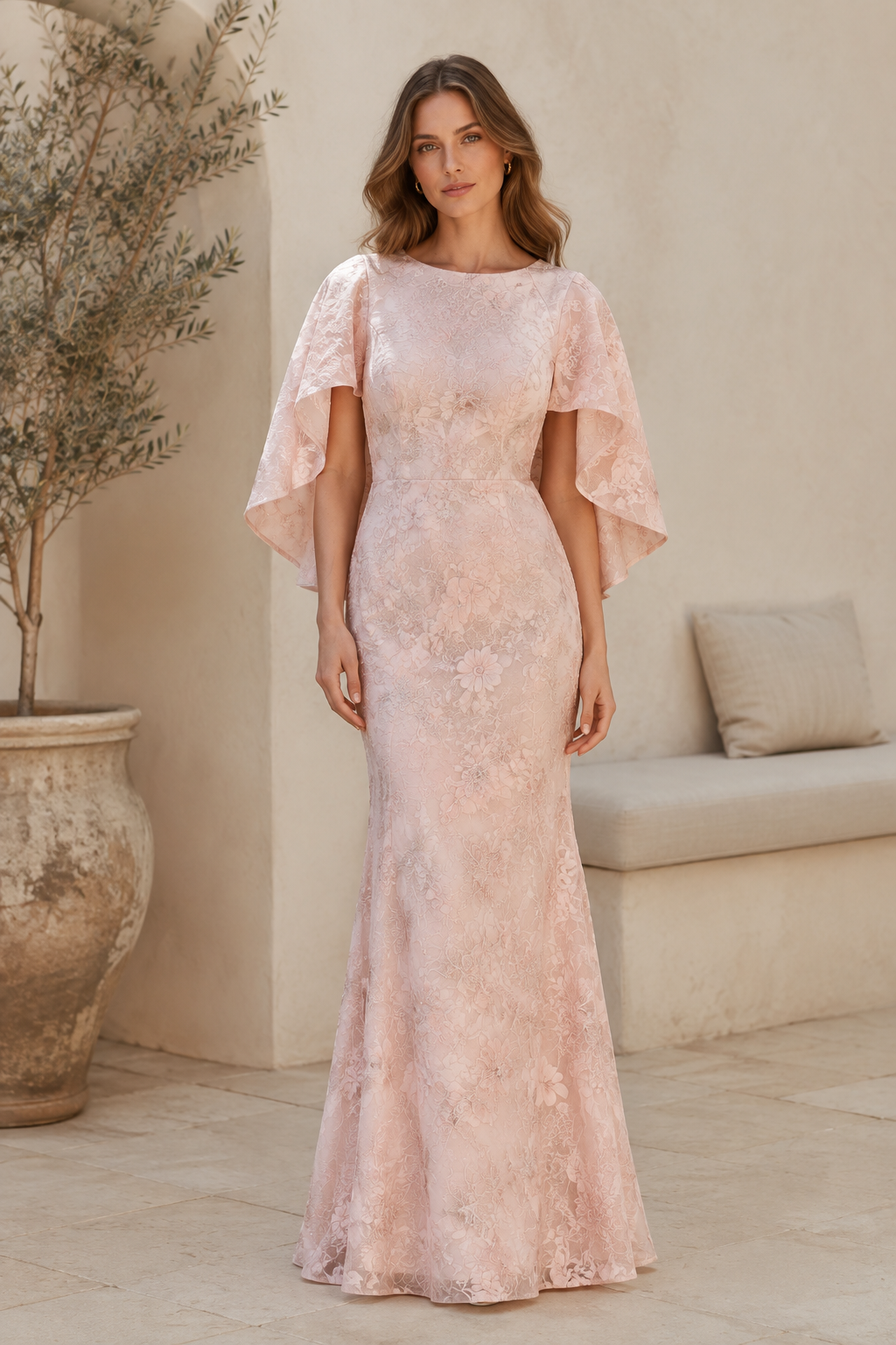 Floral Lace Gown with Flutter Cape Sleeves