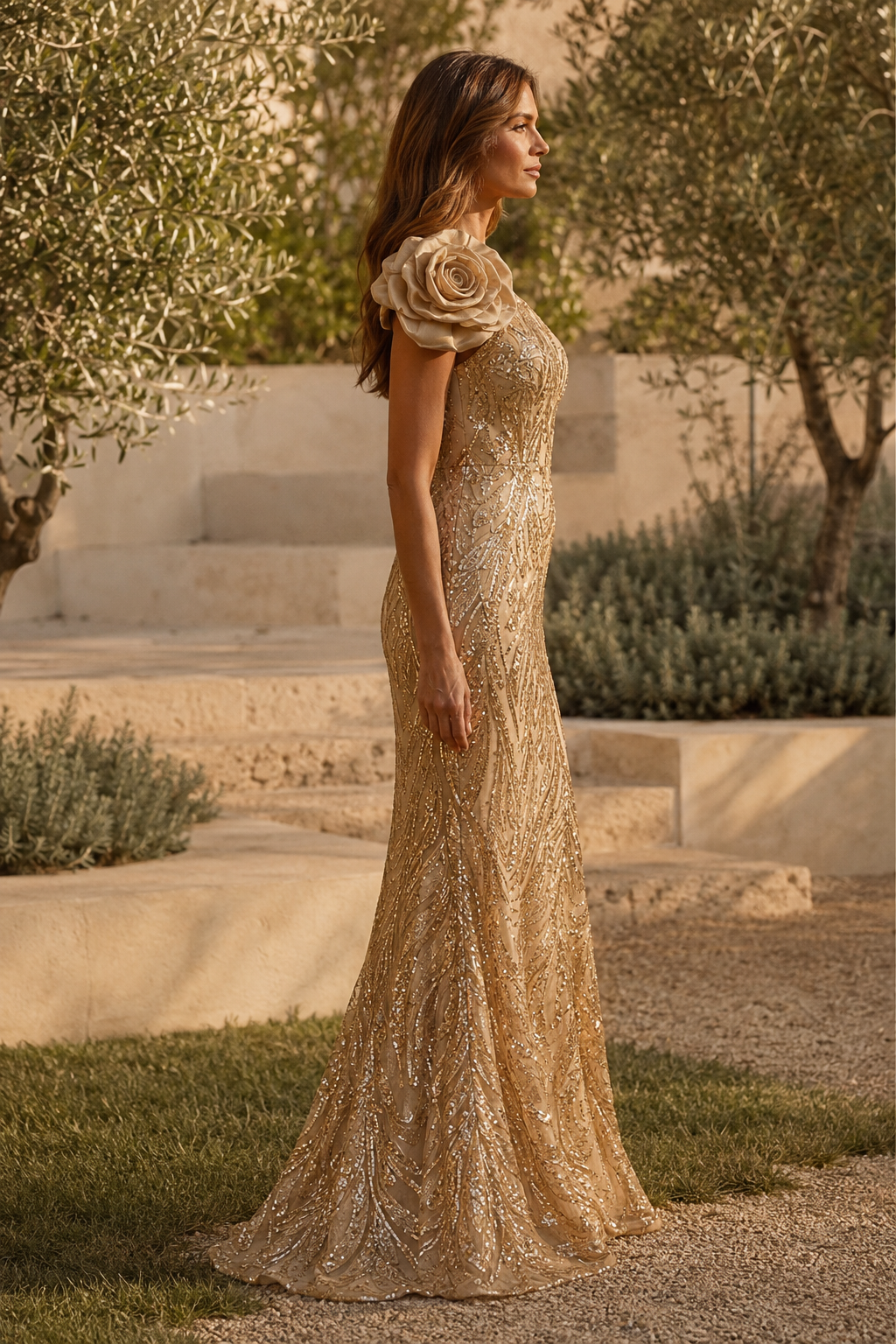 One-Shoulder Floral Sequin Mermaid Evening Gown