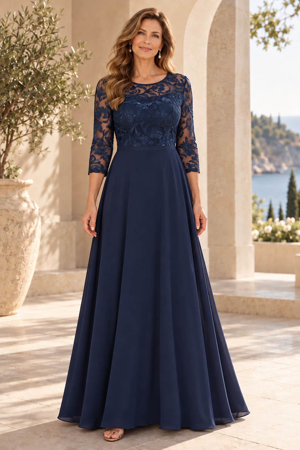 Lace Bodice 3/4 Sleeve A-Line Chiffon Gown