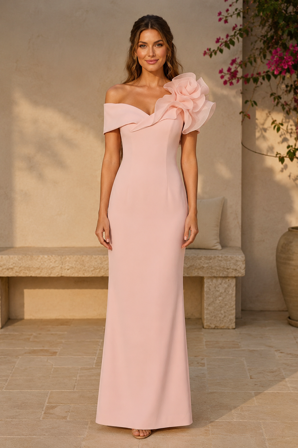 Off-Shoulder Sheath Gown with 3D Flower Shoulder Detail
