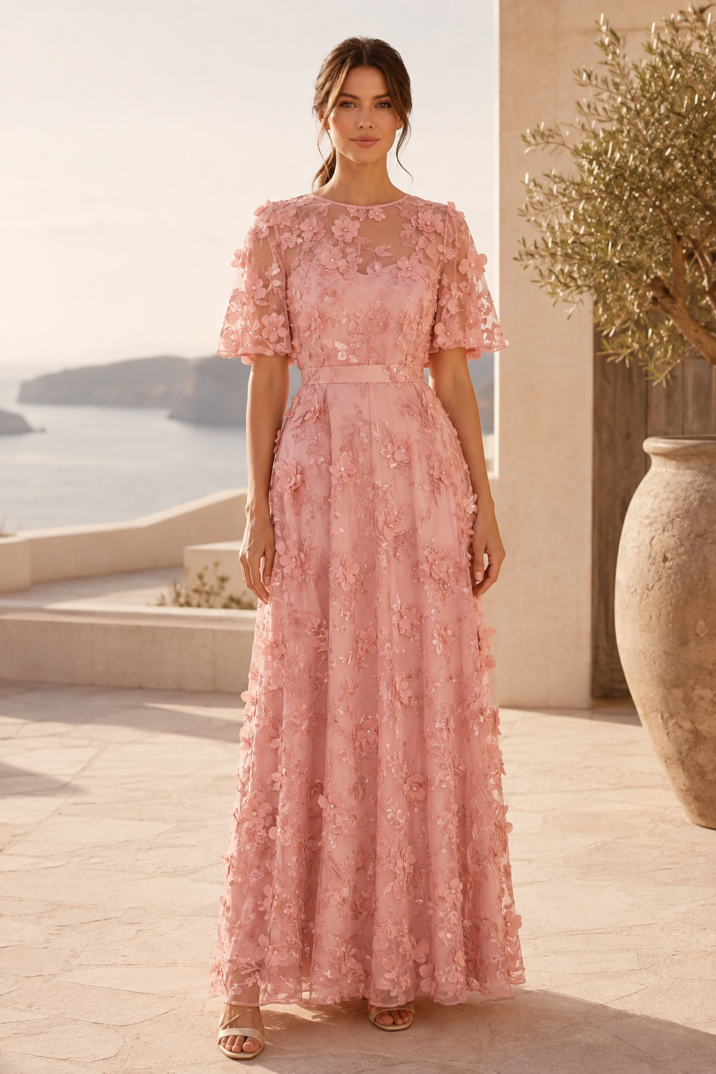 3D Floral Applique Maxi Dress with Flutter Sleeves