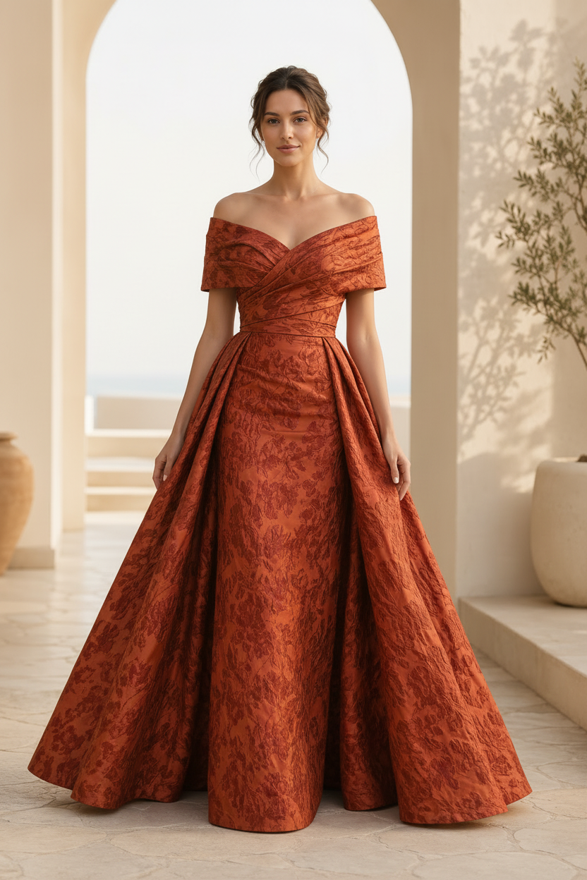 Off-the-Shoulder Jacquard A-Line Gown with Pleated Bodice