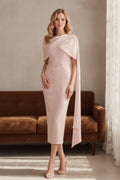 Asymmetrical Cape Sheath Midi Dress with Appliques