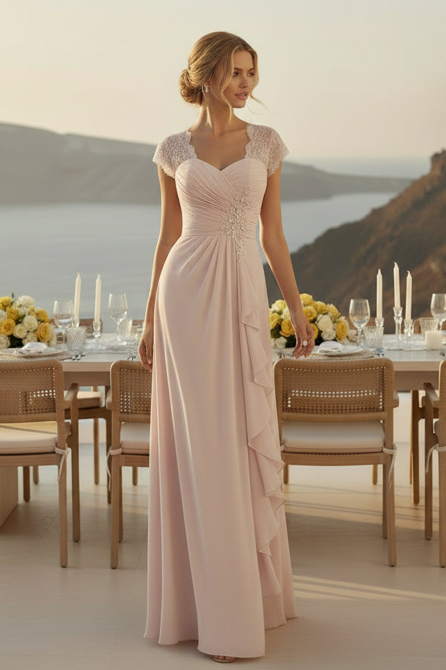 A-Line Chiffon Evening Dress with Lace Cap Sleeves