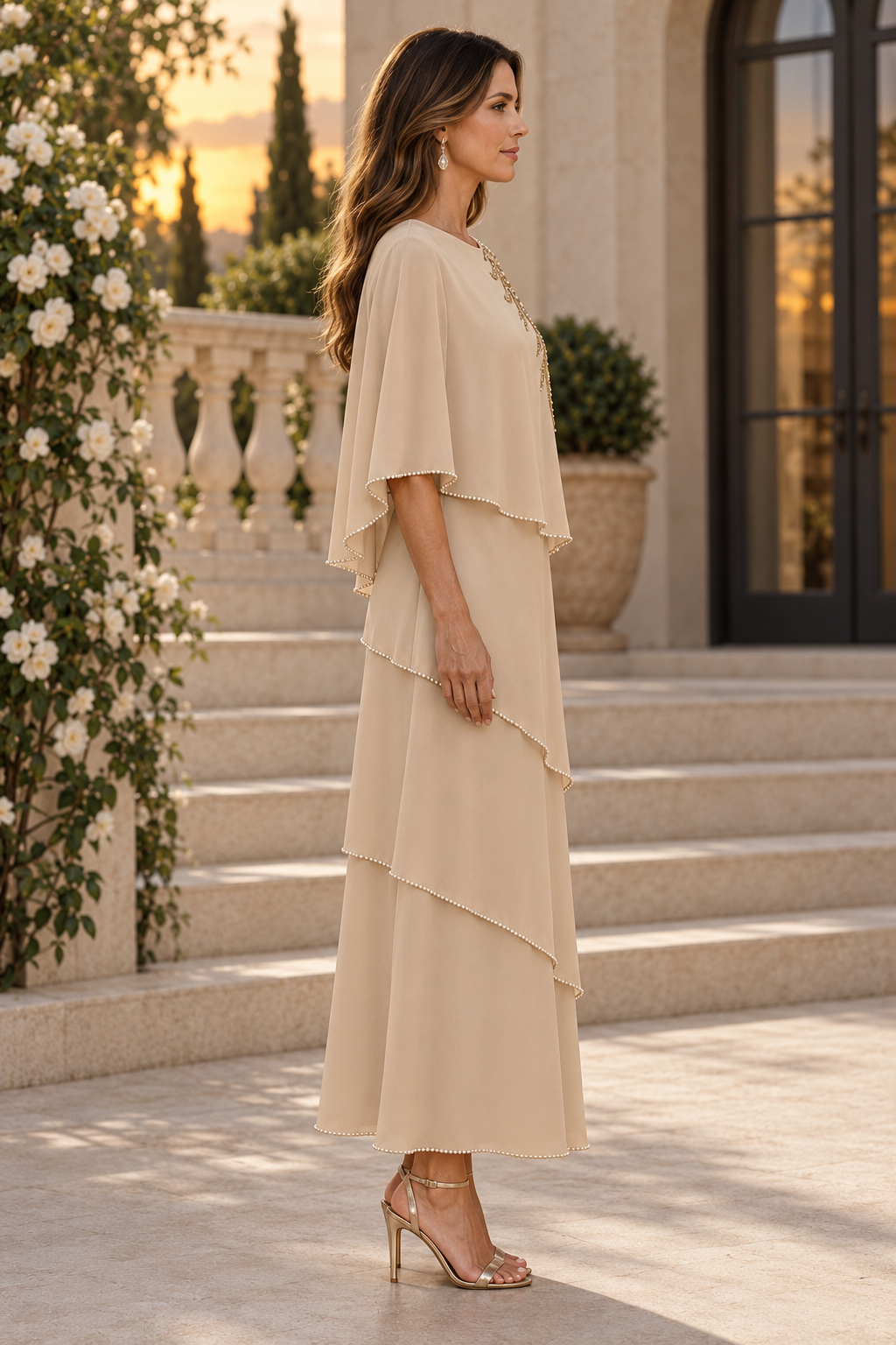 Tiered Capelet Dress with Pearl Trim